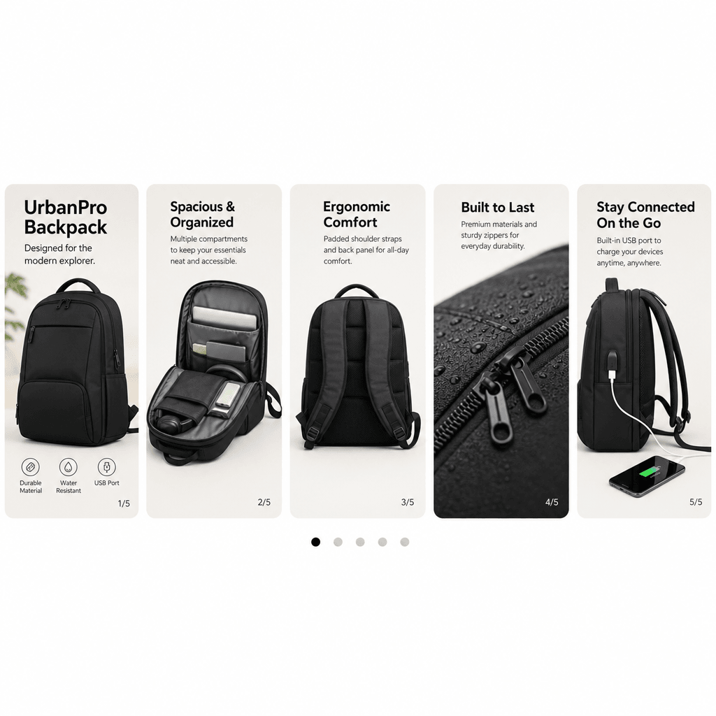 E-commerce product carousel showing 5 consecutive slides with different product angles and feature highlights, professio