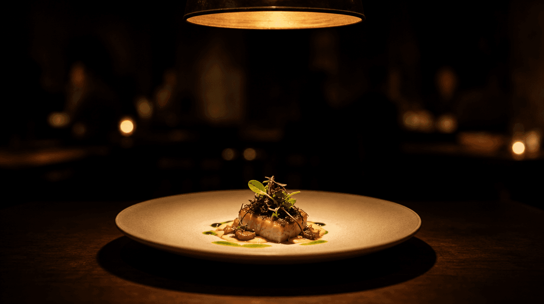 Wide cinematic scene: a single fine-dining plate centered under a hanging pendant light in a dark restaurant interior, e