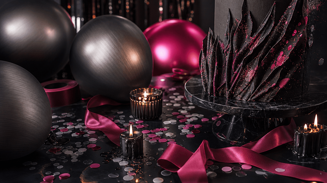 An art-directed arrangement of birthday materials on a black studio table: satin ribbon, brushed metal balloons, translu