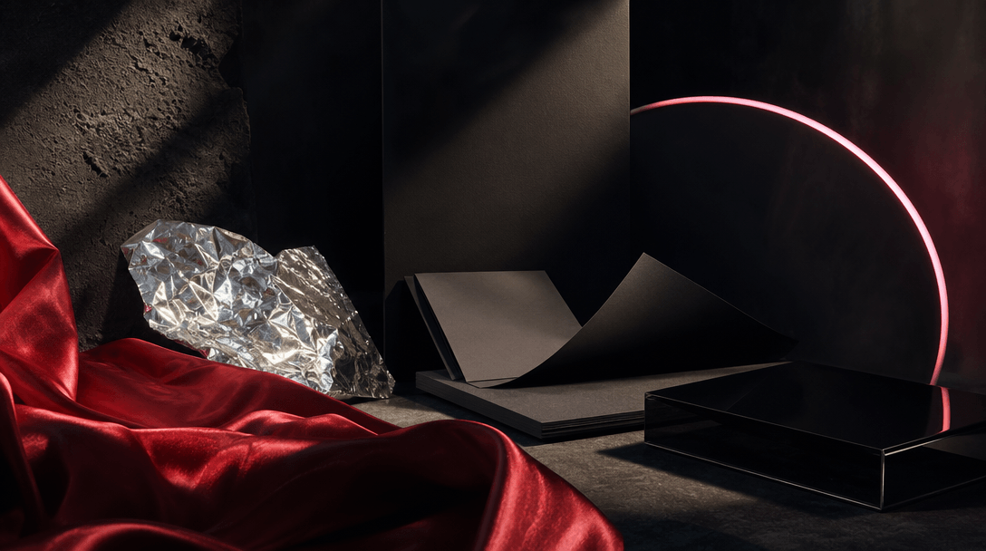 Several distinct cinematic materials arranged in a dark creative studio: red satin, matte paper, glossy black acrylic, s