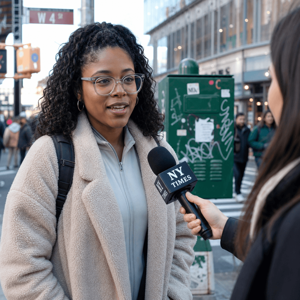 Street interview video frame showing diverse perspective, authentic expression, urban city backdrop, natural lighting, p