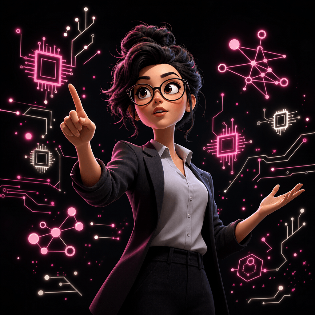 Square editorial frame. A dynamic animated cartoon character in an authoritative teaching pose, surrounded by floating a