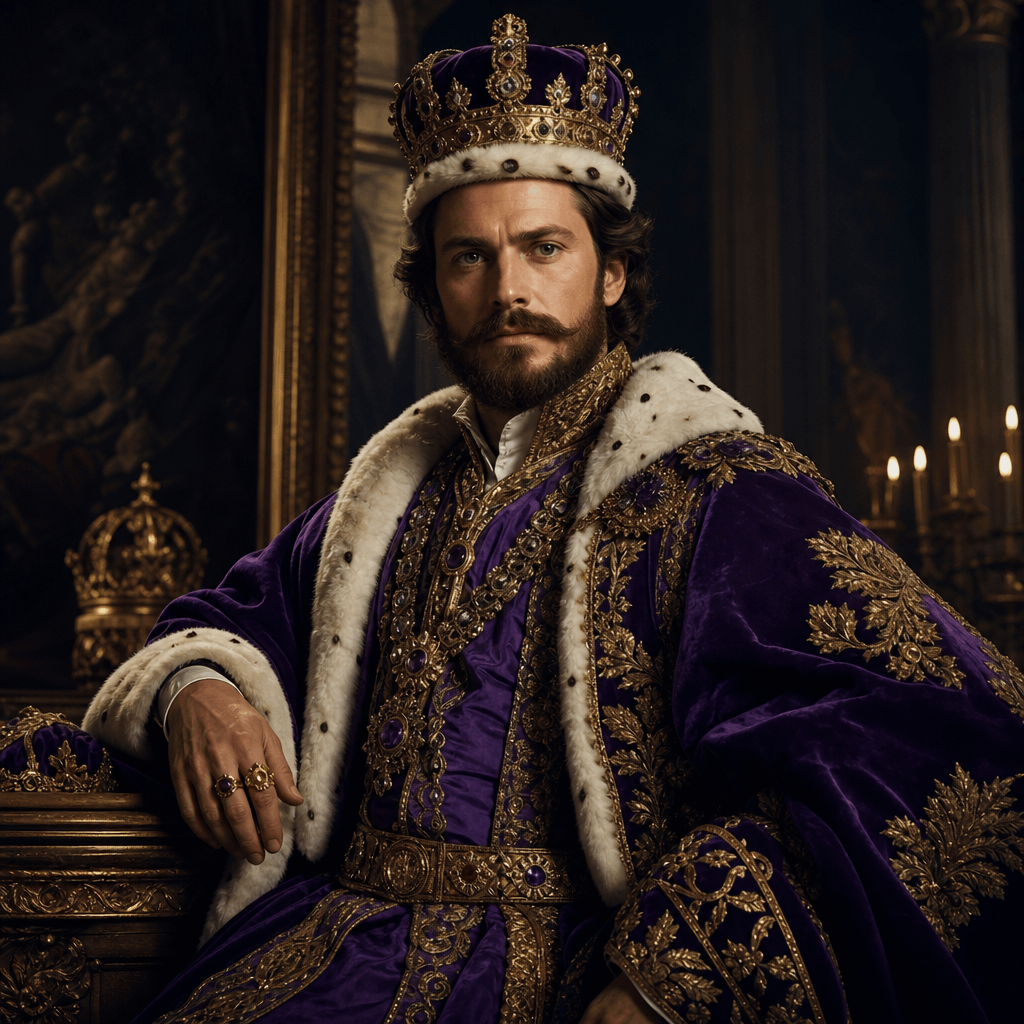 Baroque royal portrait, distinguished figure with ornate crown and jeweled purple robes, lavish classical portraiture, a
