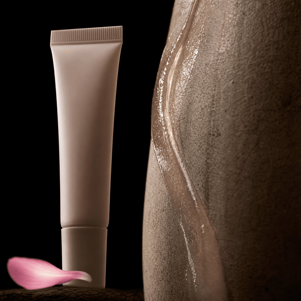 A minimal unbranded lip treatment tube beside a rough matte surface that becomes glossy and hydrated through a ribbon of