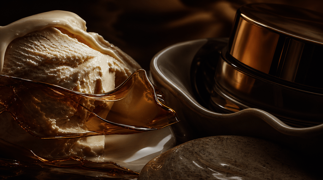 Macro study of creamy ice cream ridges, translucent caramel ribbons, polished ceramic, and reflective cosmetic packaging