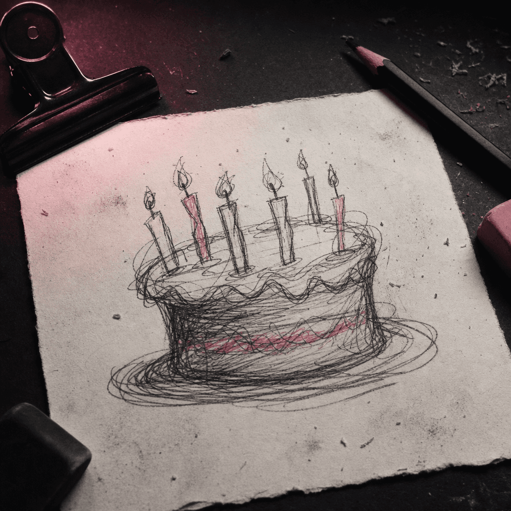 A small birthday cake interpreted as clumsy scribble art, crooked candles, lopsided frosting, shaky outlines, messy penc