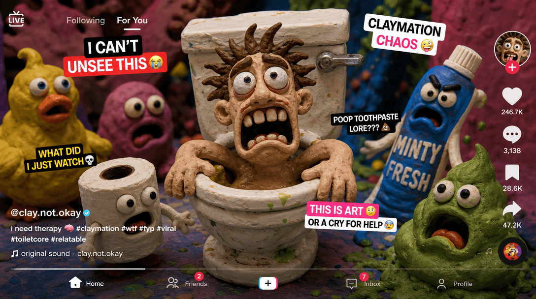 Absurd clay scene with text overlay indicators, social media interface frames suggesting TikTok aesthetic, colorful chao