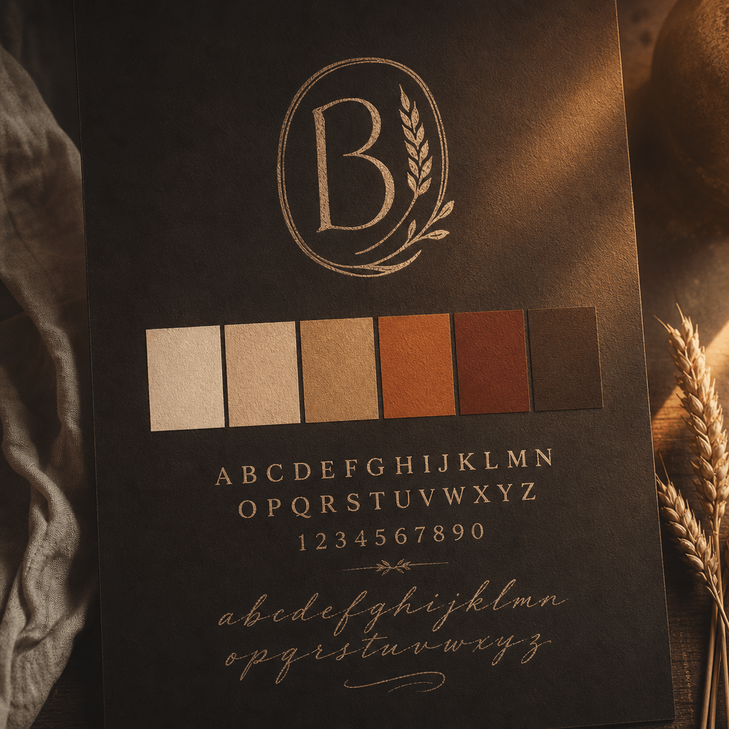 Brand kit reference page for an artisan bakery. Warm cream and terracotta palette swatches in a horizontal strip, hand-d