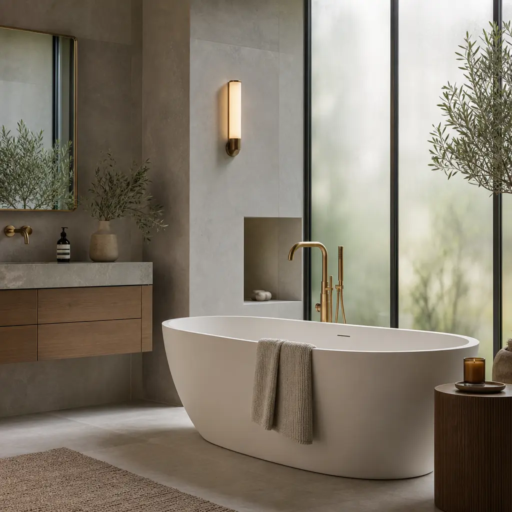 A high-end spa-like bathroom interior — large-format honed stone tile walls, a freestanding oval bathtub positioned near