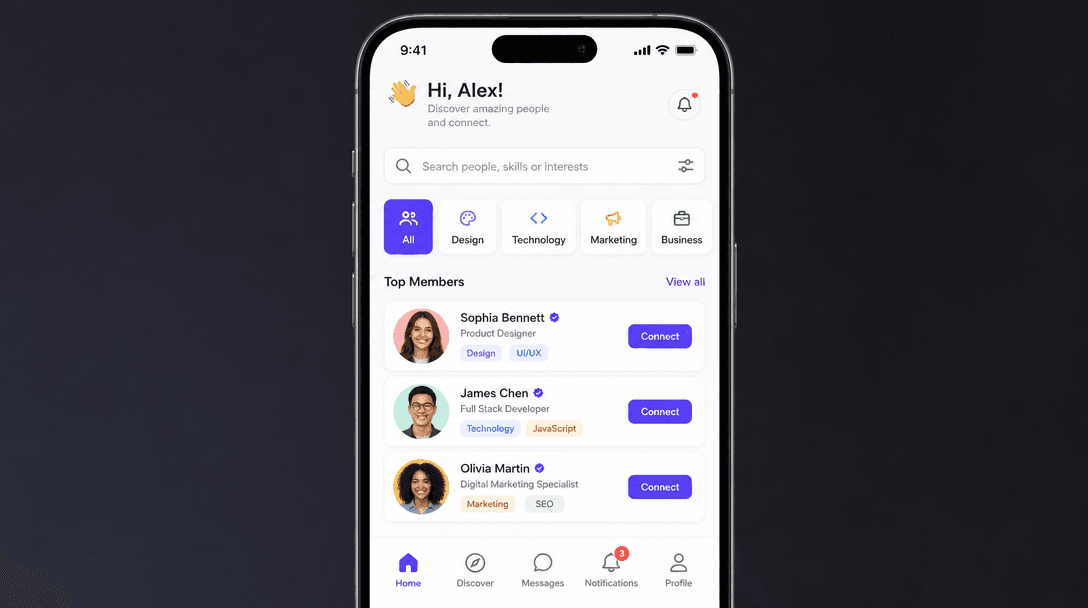 Mobile phone displaying app interface with happy user faces in profile rows, clean grid layout, app store aesthetic, pro