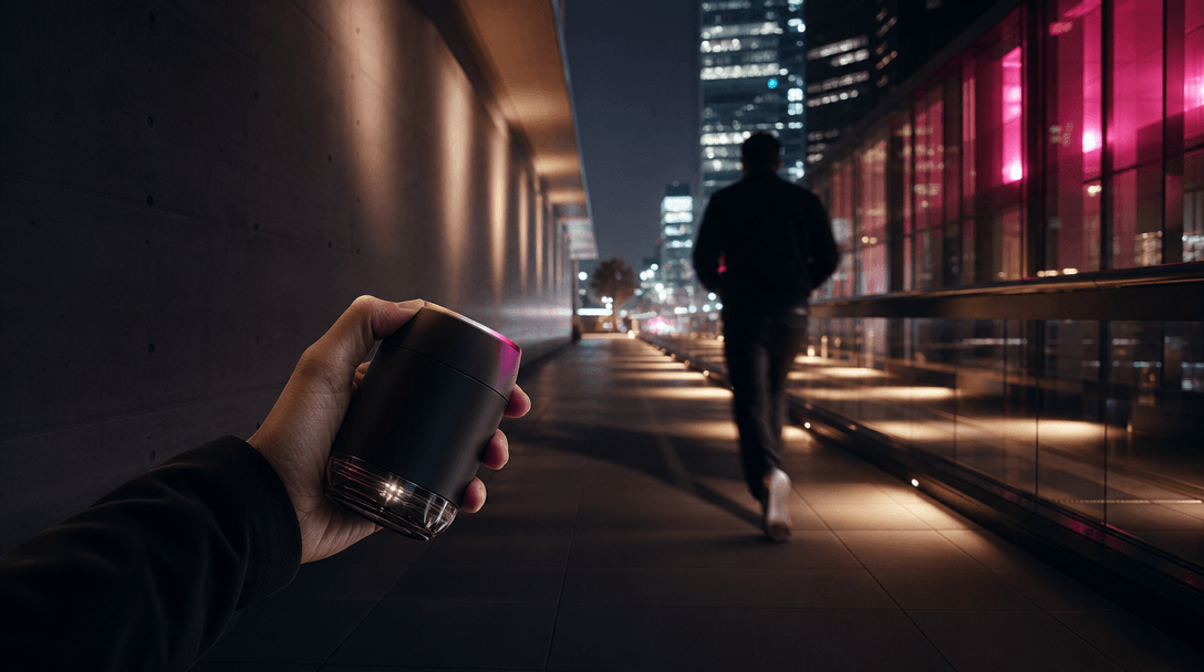 A cinematic urban walkway at night with an anonymous moving silhouette and a product held in the foreground, long direct
