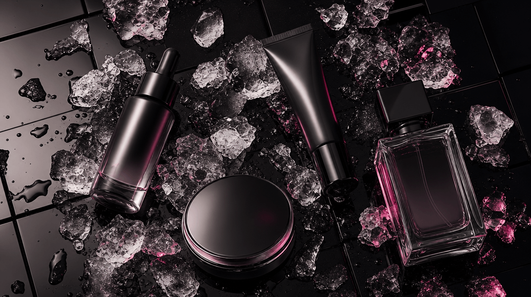 A cinematic flat-lay production scene with an unbranded serum bottle, compact, cosmetic tube, and fragrance vessel arran
