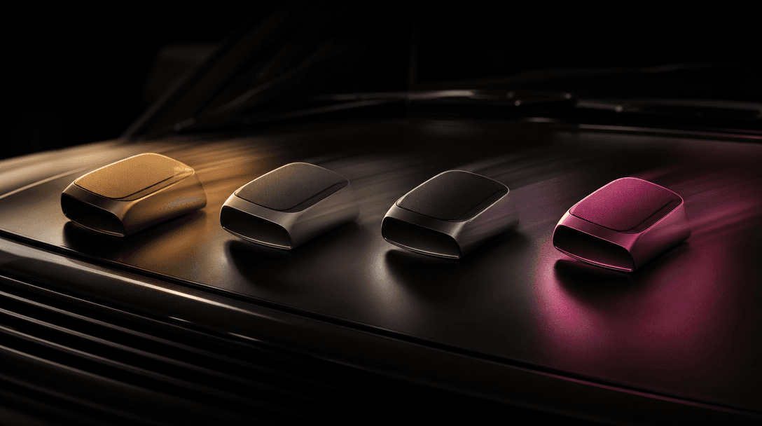 An abstract cinematic sequence represented in one wide frame: four variations of the same unbranded product arranged acr