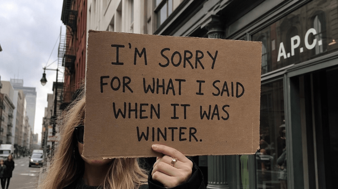 Cardboard sign held by hand in outdoor urban setting, street photography style, natural light, sign message visible, aut