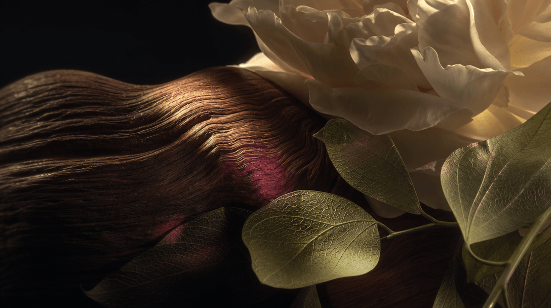 Close study of walnut grain beside soft cream petals and translucent green leaves, arranged as a minimalist material lan