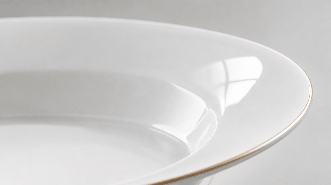 Close-up dishware detail showing premium porcelain texture, subtle gloss finish, light reflection on curved rim, profess