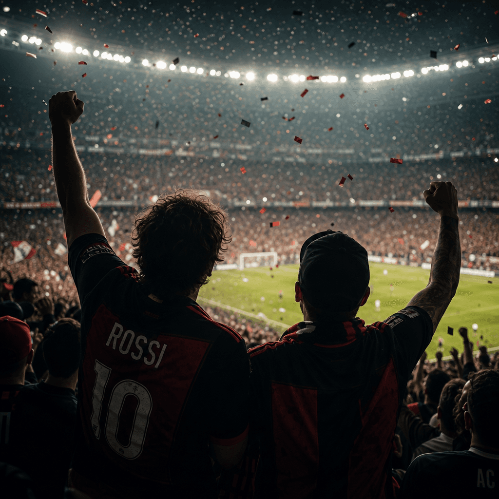 Two fans in packed tribune stands arms raised celebrating a goal, stadium confetti drifting in the air, powerful backlit