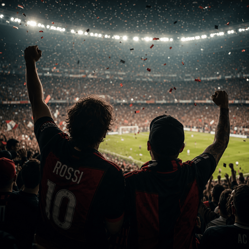 Two fans in packed tribune stands arms raised celebrating a goal, stadium confetti drifting in the air, powerful backlit