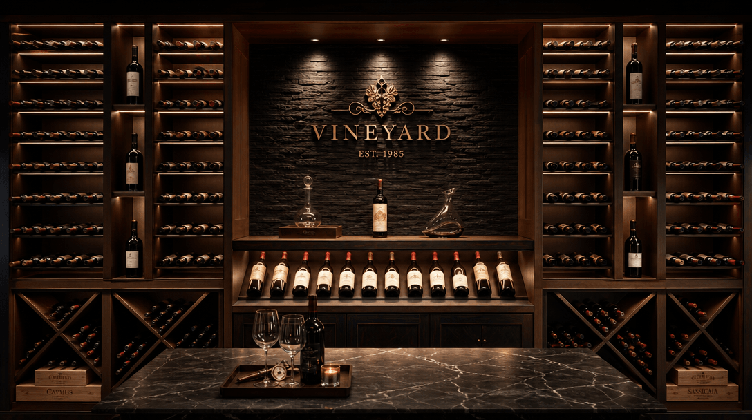 Wine collection display, professional arrangement, dramatic accent lighting, dark elegant background, premium aesthetic.