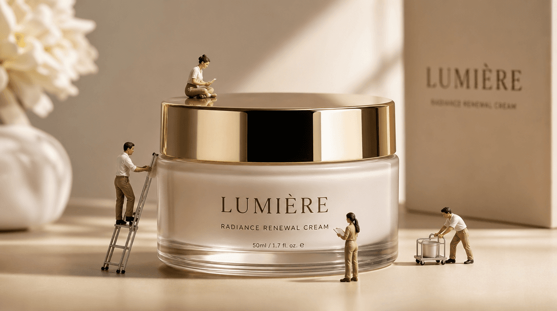 Finished beauty product with tiny team figures displayed on it professionally, product photography style, luxury brand l