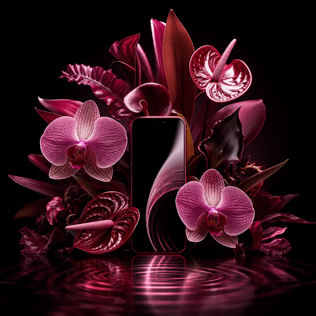 An extravagant sculptural bouquet of orchids, anthuriums, and burgundy foliage framing a sleek smartphone, moody luxury