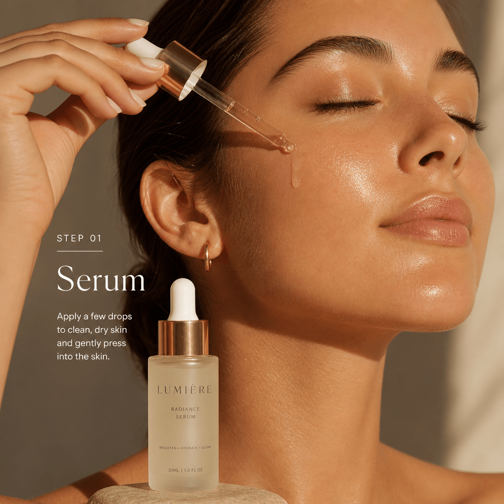 Skincare serum being applied to glowing skin, beauty routine step one. Soft golden lighting, minimalist aesthetic, luxur