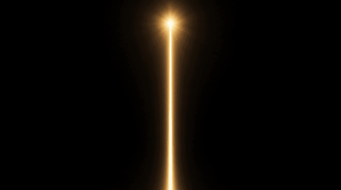 Minimalist dark graphic composition: near-black background, a single elegant vertical luminous band ascending upward sug