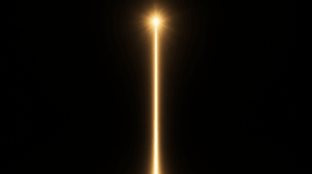 Minimalist dark graphic composition: near-black background, a single elegant vertical luminous band ascending upward sug