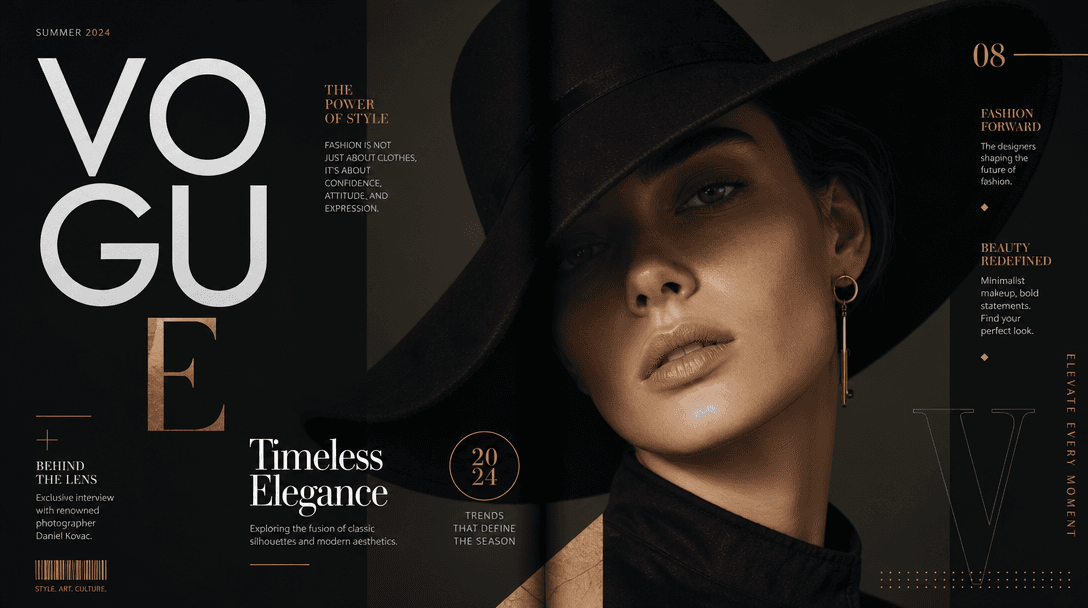 High-end magazine layout with geometric typography, metallic accents, professional color palette, cinematic lighting, ed