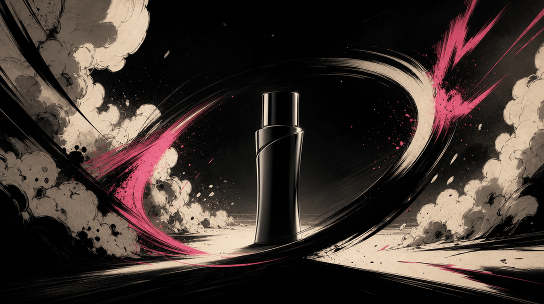Abstract visualization of comic tension: sweeping black ink arcs, stretched shadows, dust clouds, and sharp motion trail