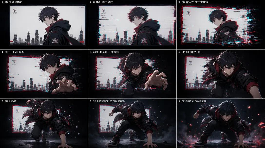Animation sequence showing figure smoothly transitioning from 2D flat screen image to 3D exiting motion, screen boundary