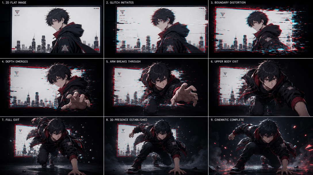 Animation sequence showing figure smoothly transitioning from 2D flat screen image to 3D exiting motion, screen boundary