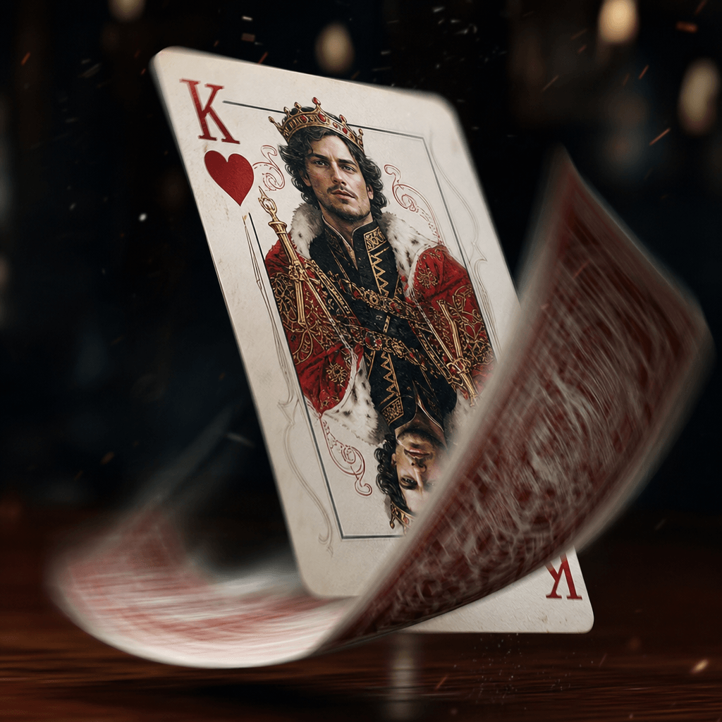 Playing card mid-flip animation, person visible on card face, hearts and design elements, cinematic motion blur