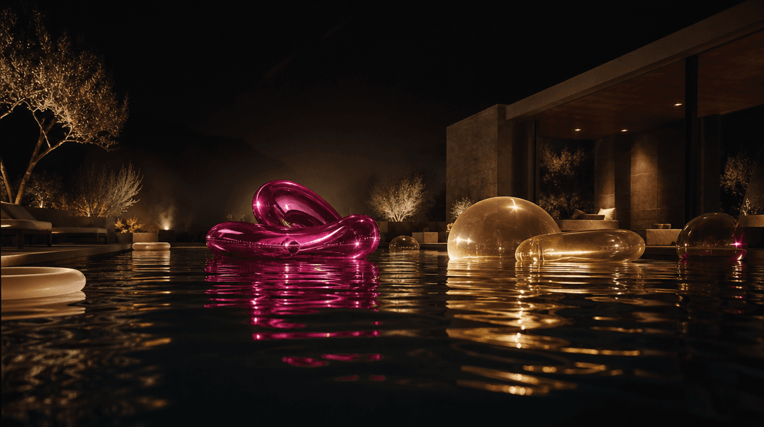 Low waterline view across a dark luxury pool as vivid inflatable forms float beneath focused cinematic lights. Reflectio