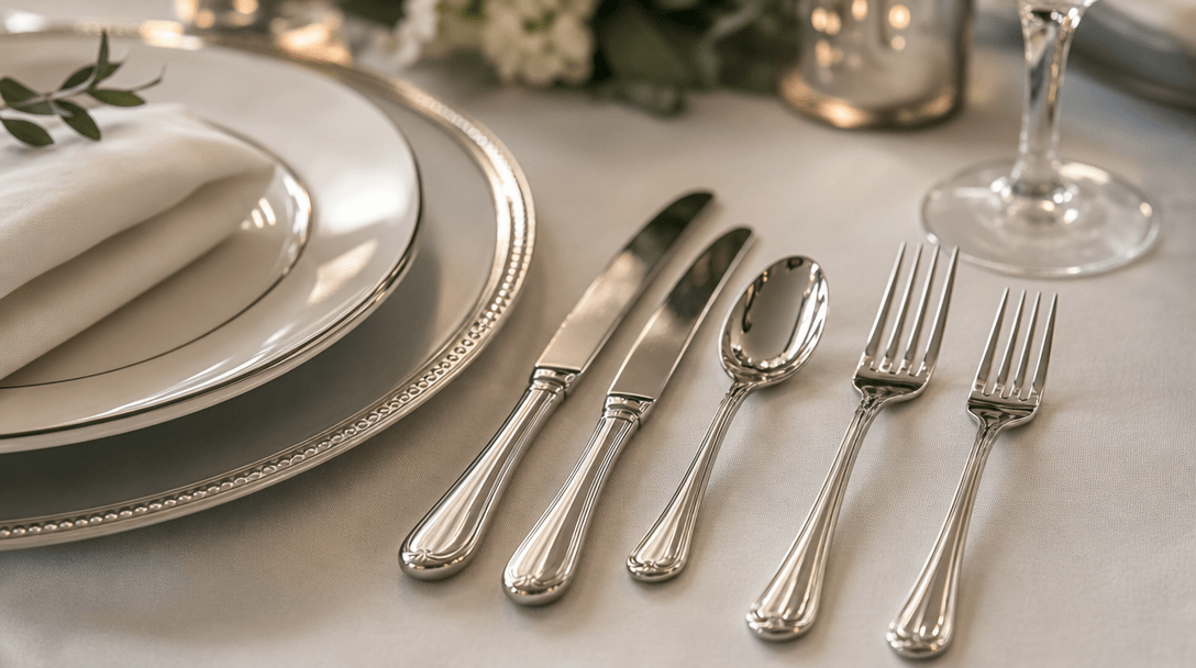 Professional flatware arrangement on elegant place setting, polished silverware with light reflections, composed classic