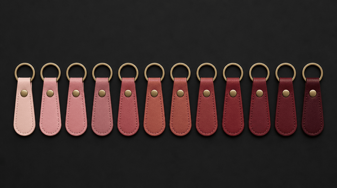 Twelve identical small leather keychains arranged in a perfect gradient row on a very dark matte surface — colors transi