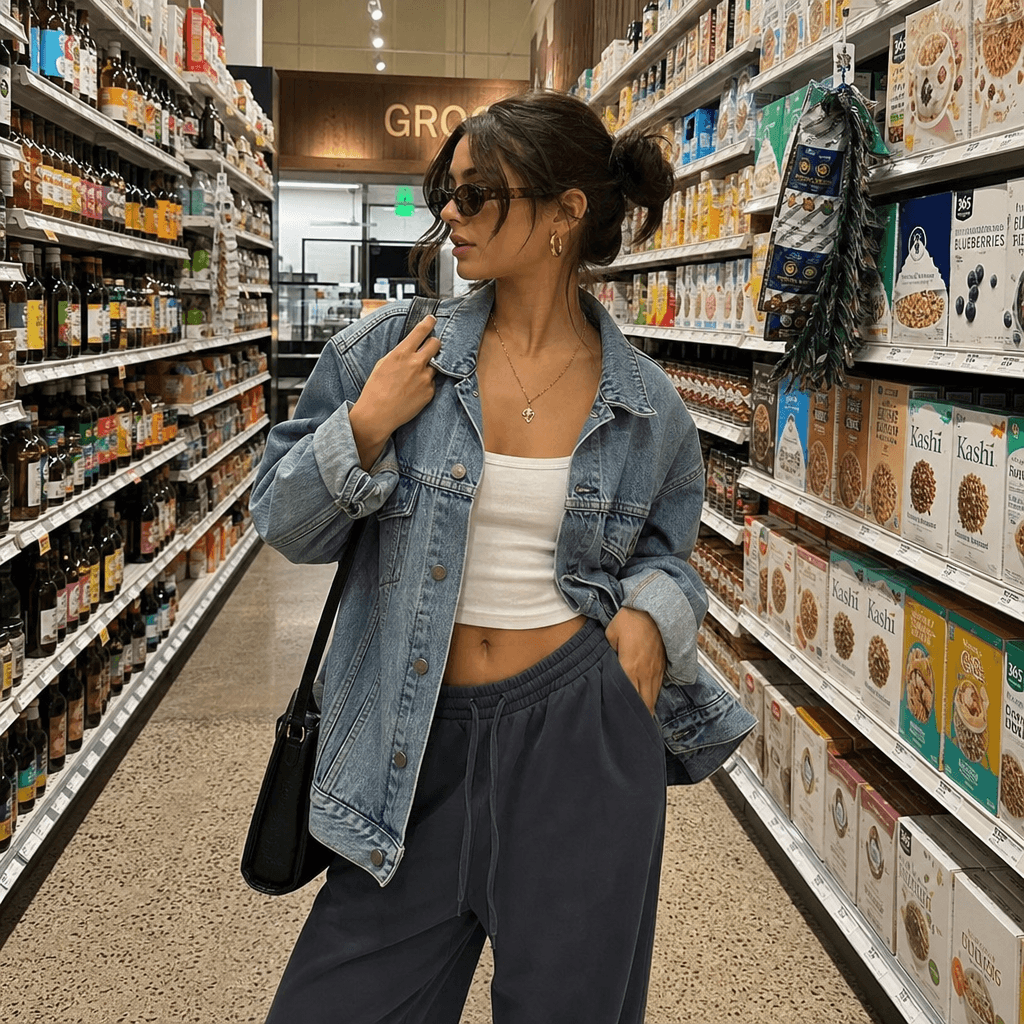 Person in supermarket aisle between shelves, trendy fashion outfit, natural retail lighting, candid fashion moment, cont