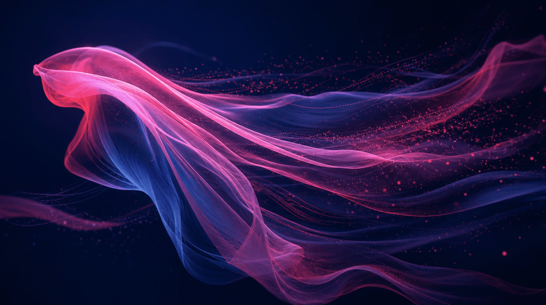 Abstract motion visualization: transparent silk fabric flowing in dynamic wind-tunnel motion, silhouette showing elegant