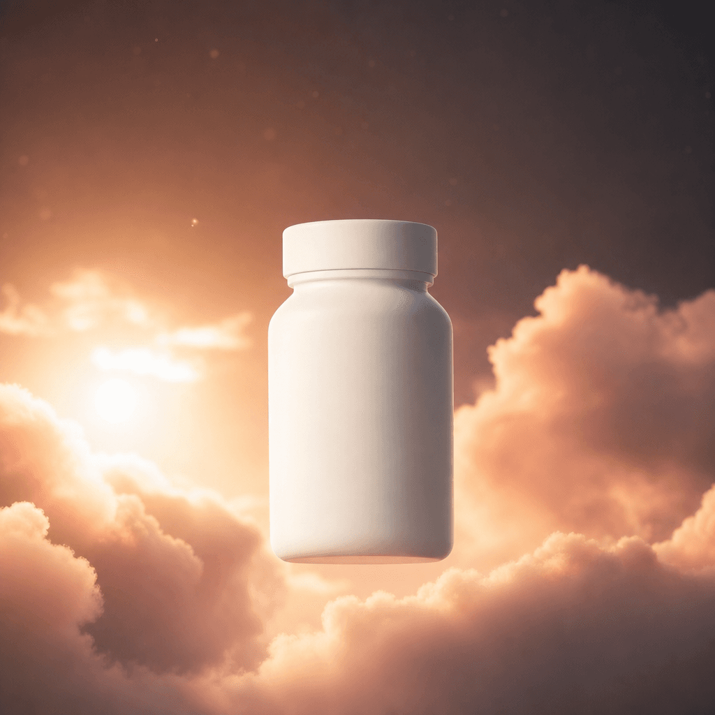 A minimalist white vitamin jar hovering between soft peach clouds, warm sunrise glow breaking through a dark atmospheric