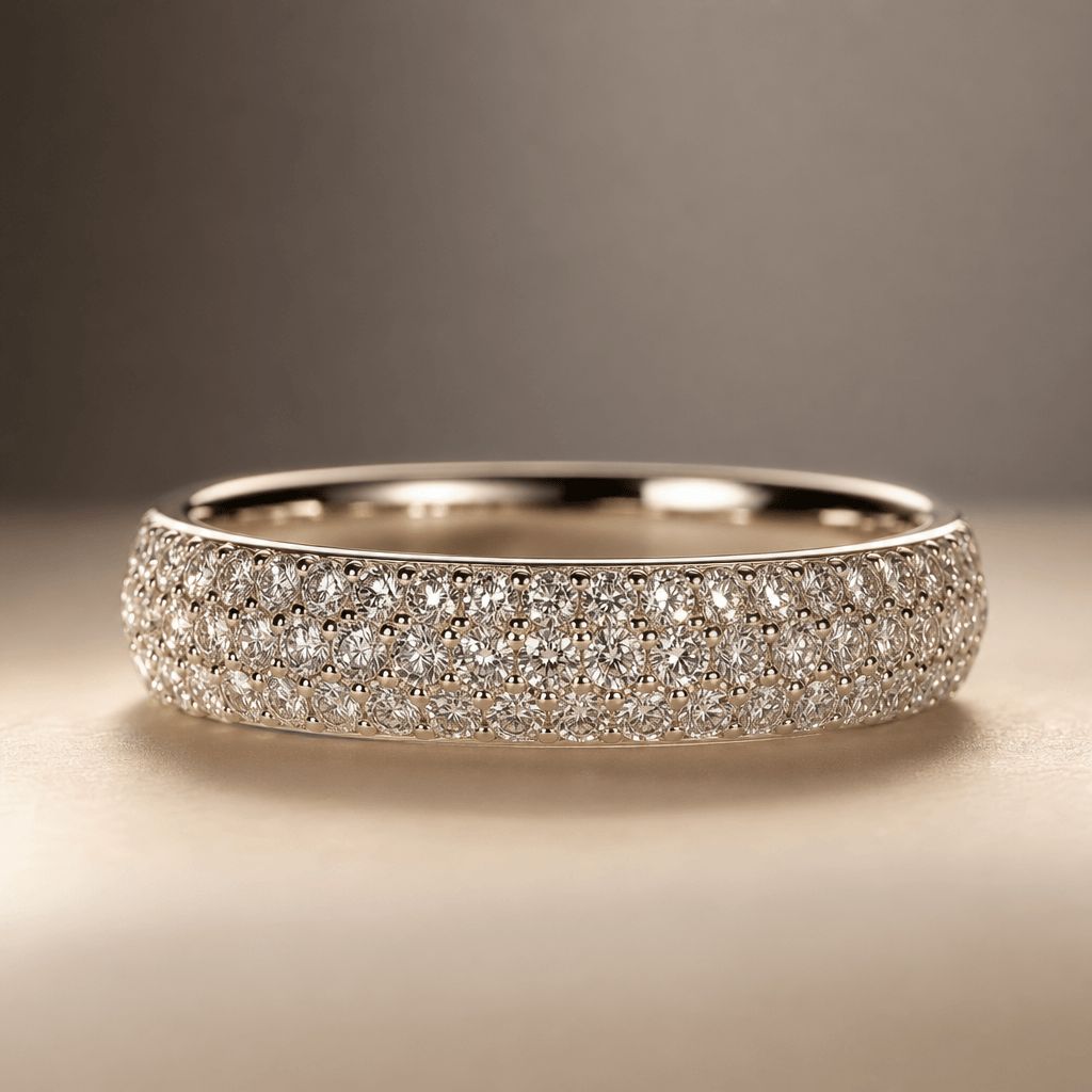 Studio close-up of a pavé diamond band ring on a warm cream surface. Diffused warm lighting, soft grey gradient backgrou