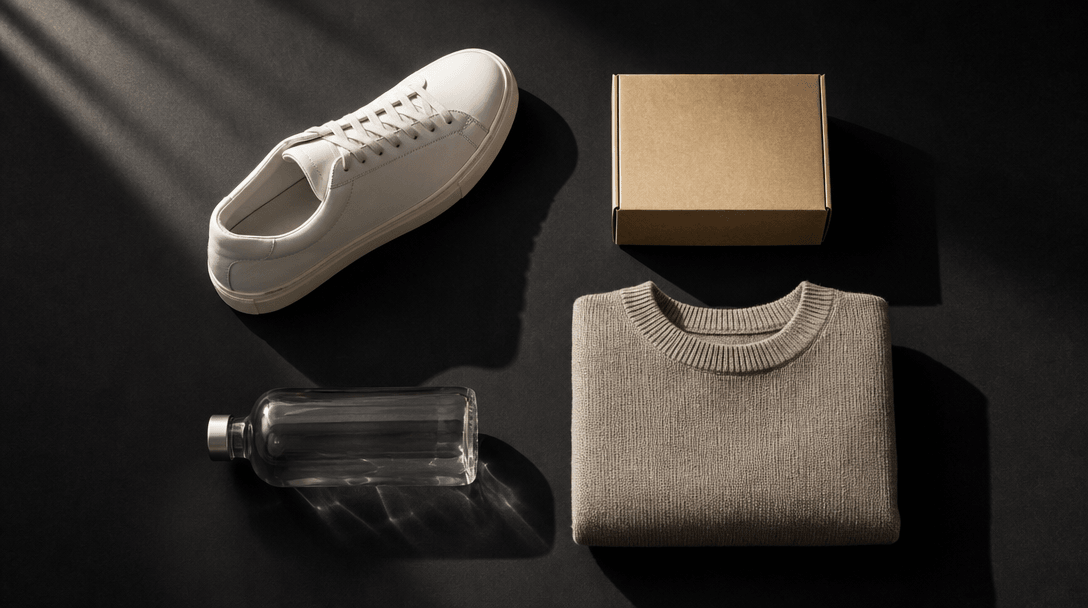 Flat-lay arrangement of four distinct product types — a white sneaker, a small kraft box, a glass bottle, a folded knit