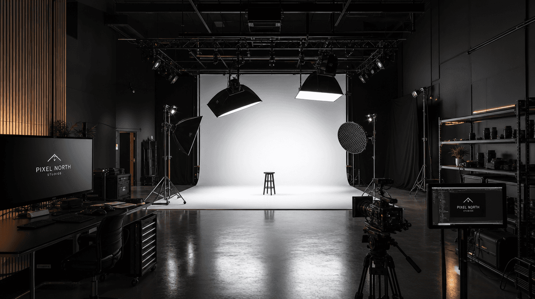 Professional video studio interior setup: soft-box lighting rigs hanging from rig, dark minimalist surfaces and walls, s