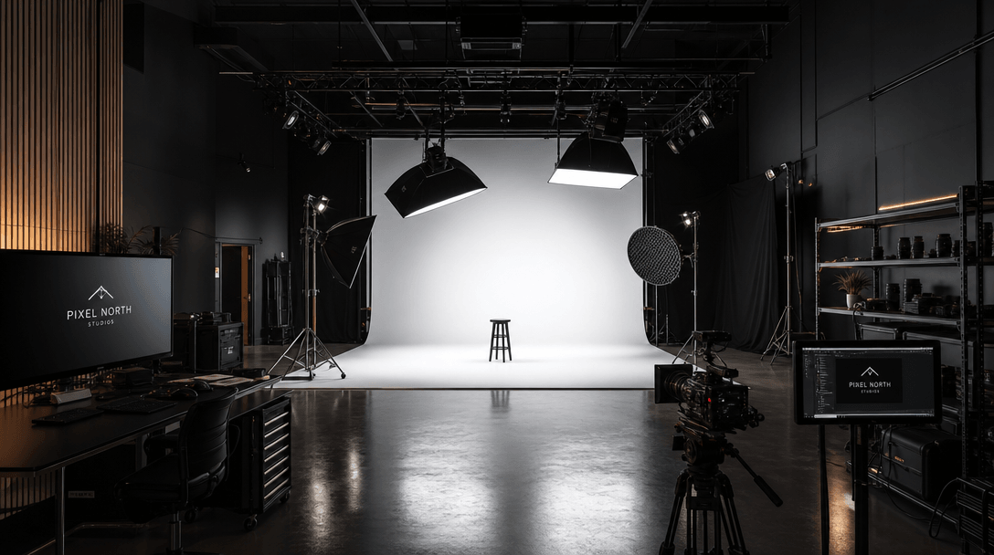 Professional video studio interior setup: soft-box lighting rigs hanging from rig, dark minimalist surfaces and walls, s