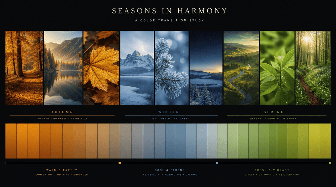 Color palette transition study. Gradient shifting between warm autumn gold, cool winter blue, fresh spring green. Rich g
