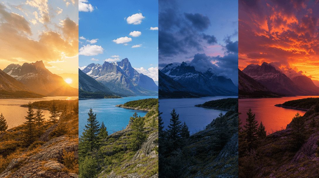 Same landscape at different times of day. Golden hour sunlight, bright midday, moody twilight, dramatic sunset. Lighting