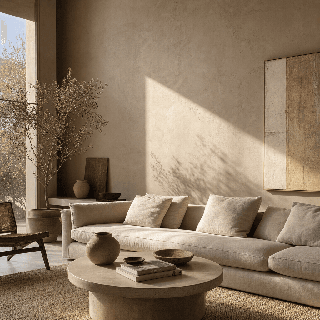 Modern minimalist living room with walls replaced by warm micro-cement plaster finish, natural afternoon side-light cast
