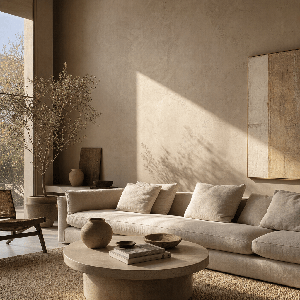 Modern minimalist living room with walls replaced by warm micro-cement plaster finish, natural afternoon side-light cast