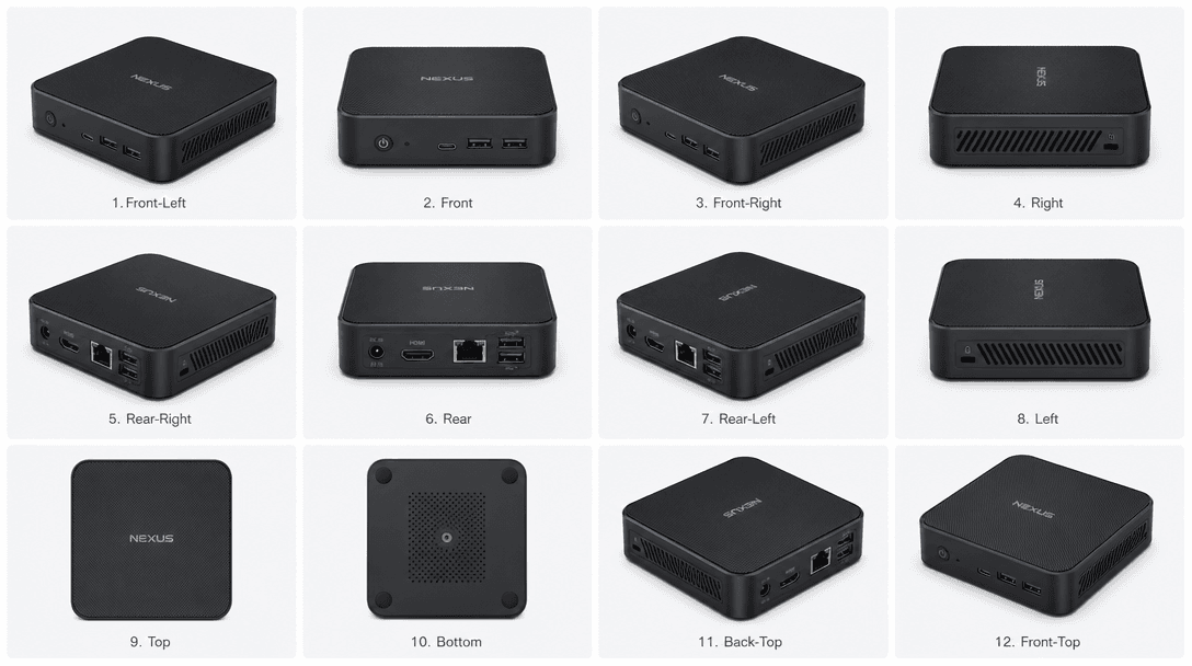 Multiple isometric views of same electronics product arranged in grid showing different rotations and angles