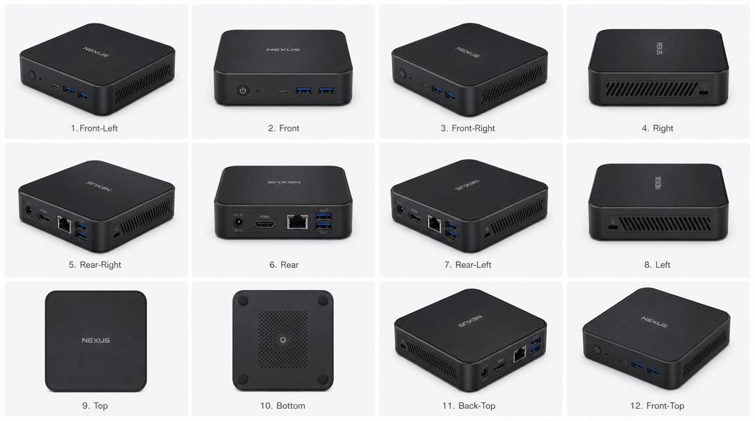 Multiple isometric views of same electronics product arranged in grid showing different rotations and angles