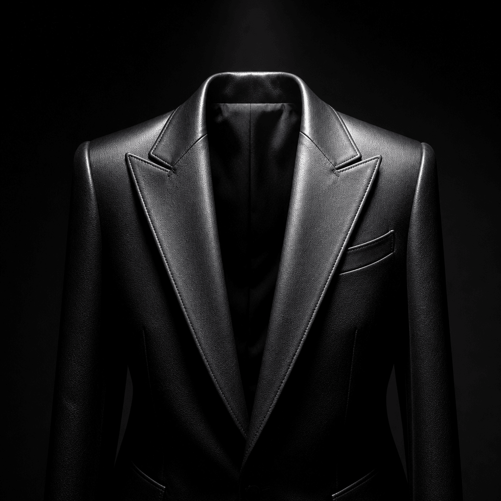 Editorial fashion product shot: a sleek black leather blazer draped with precision over an invisible form, dramatic chia